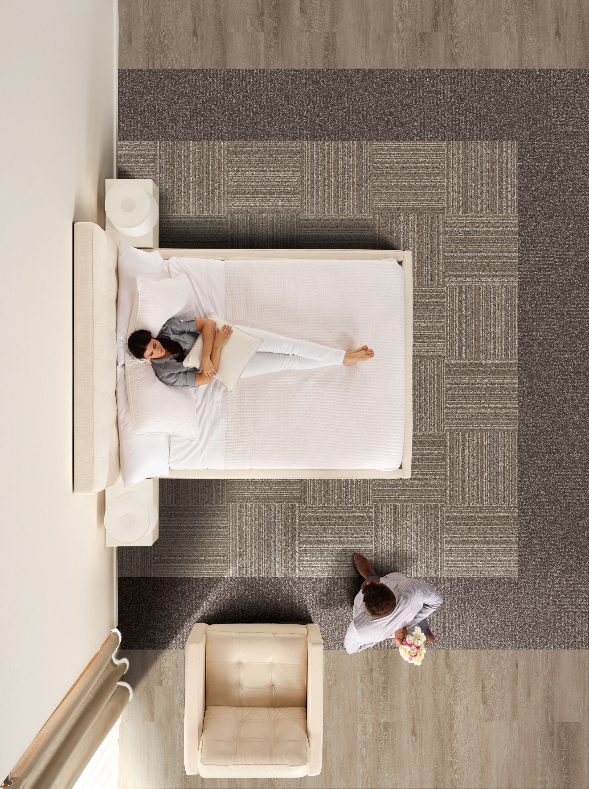 Interface RMS 103 and RMS 702 carpet tile with Textured Woodgrains LVT in hotel guest room image number 3